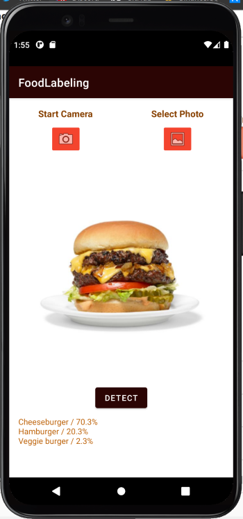 Example of the app running. The image shows the application correctly identifying a cheeseburger.