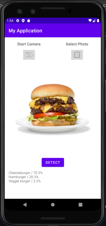 Example of the app working correctly. The app correctly identifies the default image as a cheeseburger